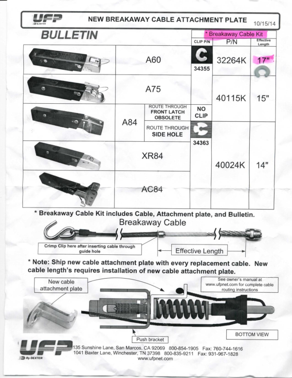 Shorelander 34370 Breakaway Cable Assembly for UFP Brake Actuator MFG