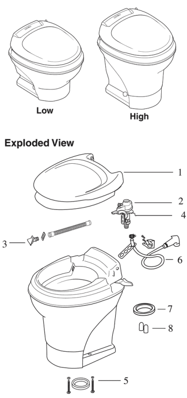 Thetford Aqua Magic V Permanent RV Toilet Low And High Profile Hand Flush Parts Diagram