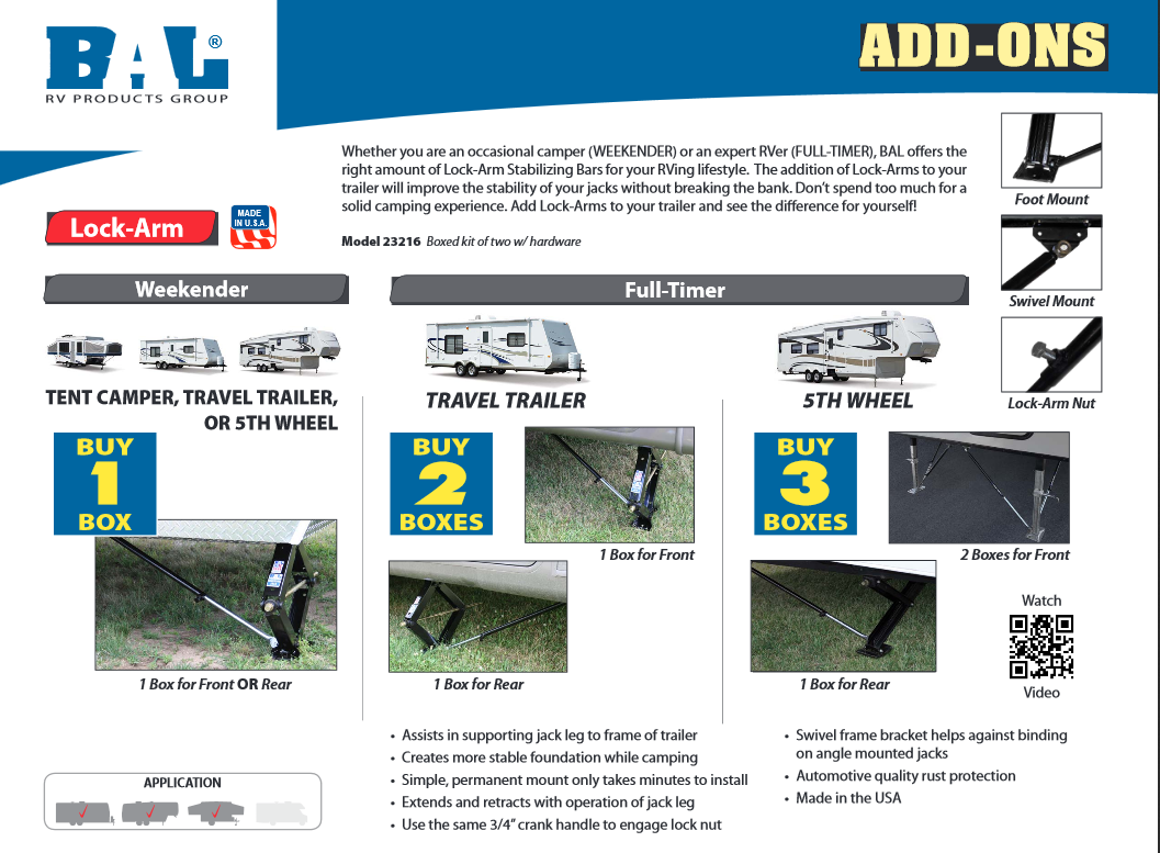 BAL 23216 Lock-Arm Stabilizing Bar Trailer RV Camper Scissor Jack Stabilizing Bar Brochure