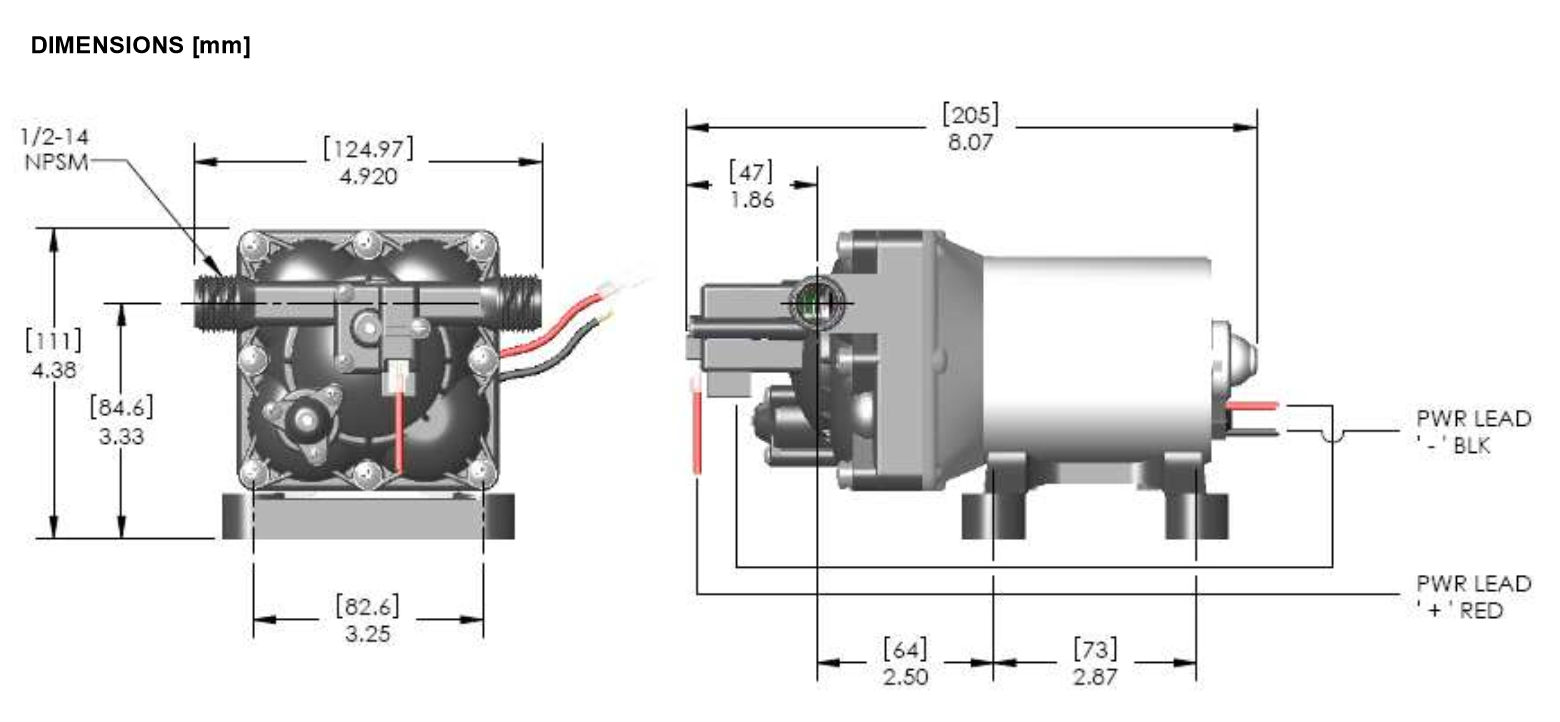 SHURflo 4008-101-E65 Revolution 4008 Series RV Fresh Water Pump 12 Volt DC Product Dimensions