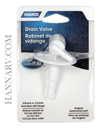 Camco Dual-Size Drain Valve 3/8 Or 1/2 Inch Barb With Flange