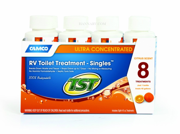 Camco 41191 TST Orange Power Ultra Concentrated RV Toilet Treatment Singles - Pack of 8 - 4 Oz Bottl