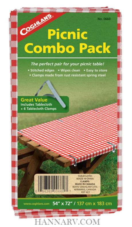 Coghlans 0660 Picnic Combo Pack - Tablecloth & Clamps - 54 Inches x 72 Inches