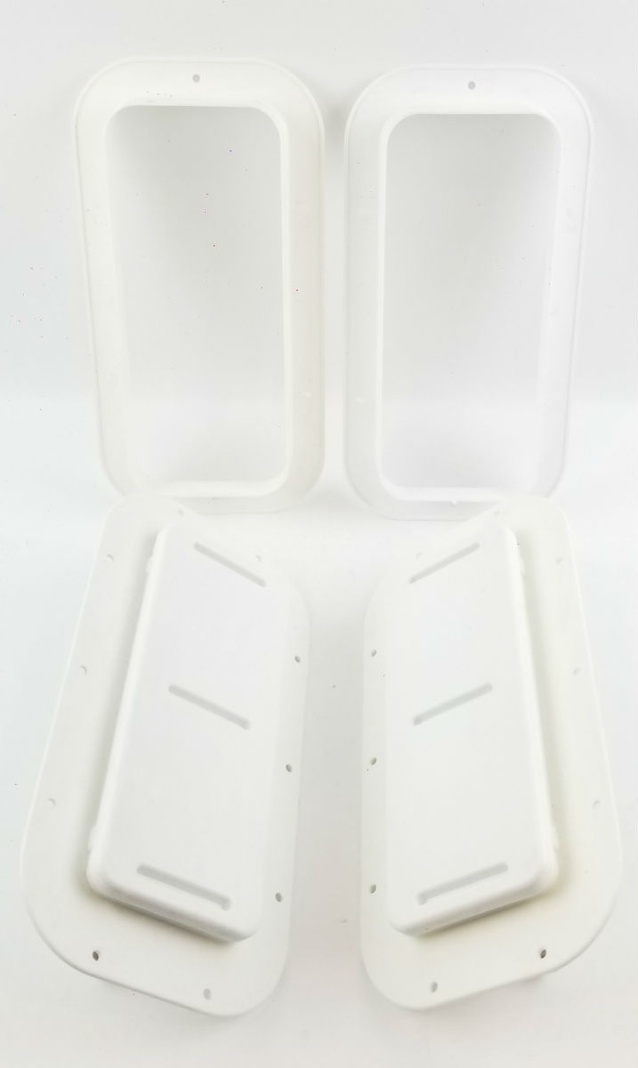 White Molded Plastic Two-Way Trailer / RV Vent with Trim Ring - Pair - These vents are designed to be mounted on the sidewalls of trailers.