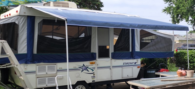 Blue Awning Installed on Starcraft Spacemaster Tent Trailer