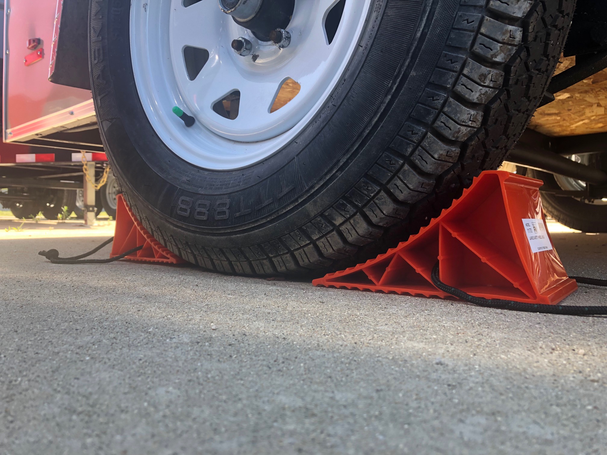 Red Pop Up Camper Wheel Chock with Rope - 4 Pack | Hanna Trailer Supply