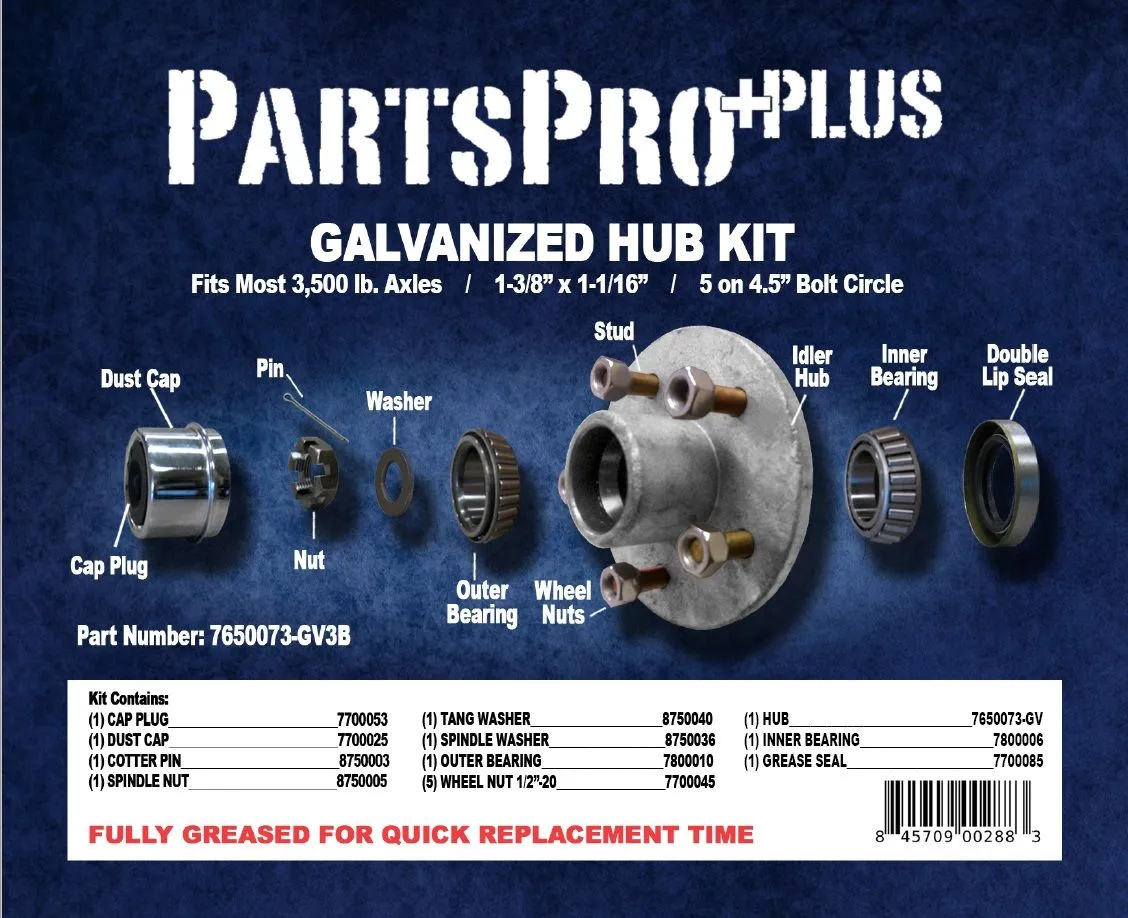 Pregreased Galvanized Hub Kit for 3500 Lb Axles - 5 on 4.5 - L68149 Inner / L44649 Outer Bearings
