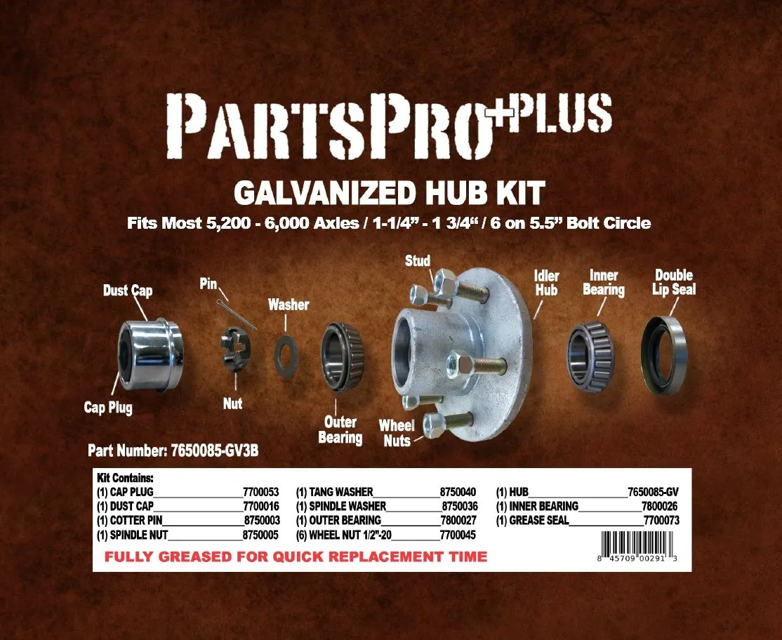 Pregreased Galvanized Hub Kit for 5200 to 6000 Lb Axles - 6 on 5.5 - 25580 Inner / Outer 15123 Bearings