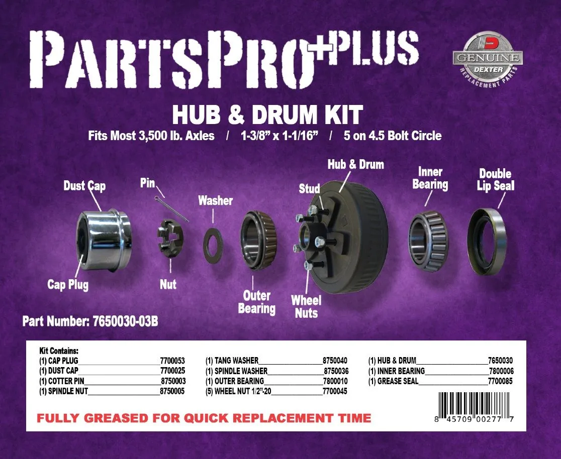Pregreased Hub and Drum Kit for 3500 Lb Axles - 5 on 4.5 - L68149 Inner / L44649 Outer Bearings