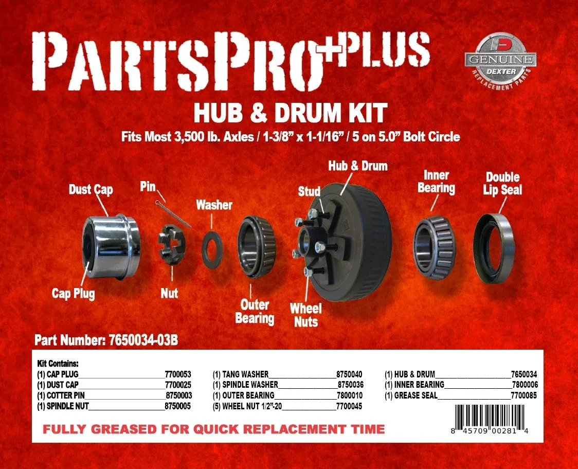 Pregreased Hub and Drum Kit for 3500 Lb Axles - 5 on 5 - L68149 Inner / L44649 Outer Bearings