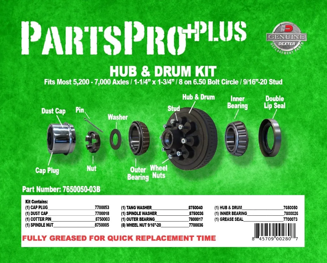 Pregreased Hub and Drum Kit for 6000 to 7000 Lb Axles - 8 on 6.5 - 25580 Inner / 14125A Outer Bearings