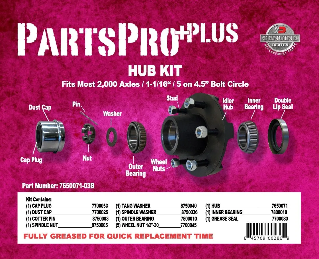 Pregreased Hub Kit for 2200 Lb Axles - 5 on 4.5 - L44649 Inner/Outer Bearings