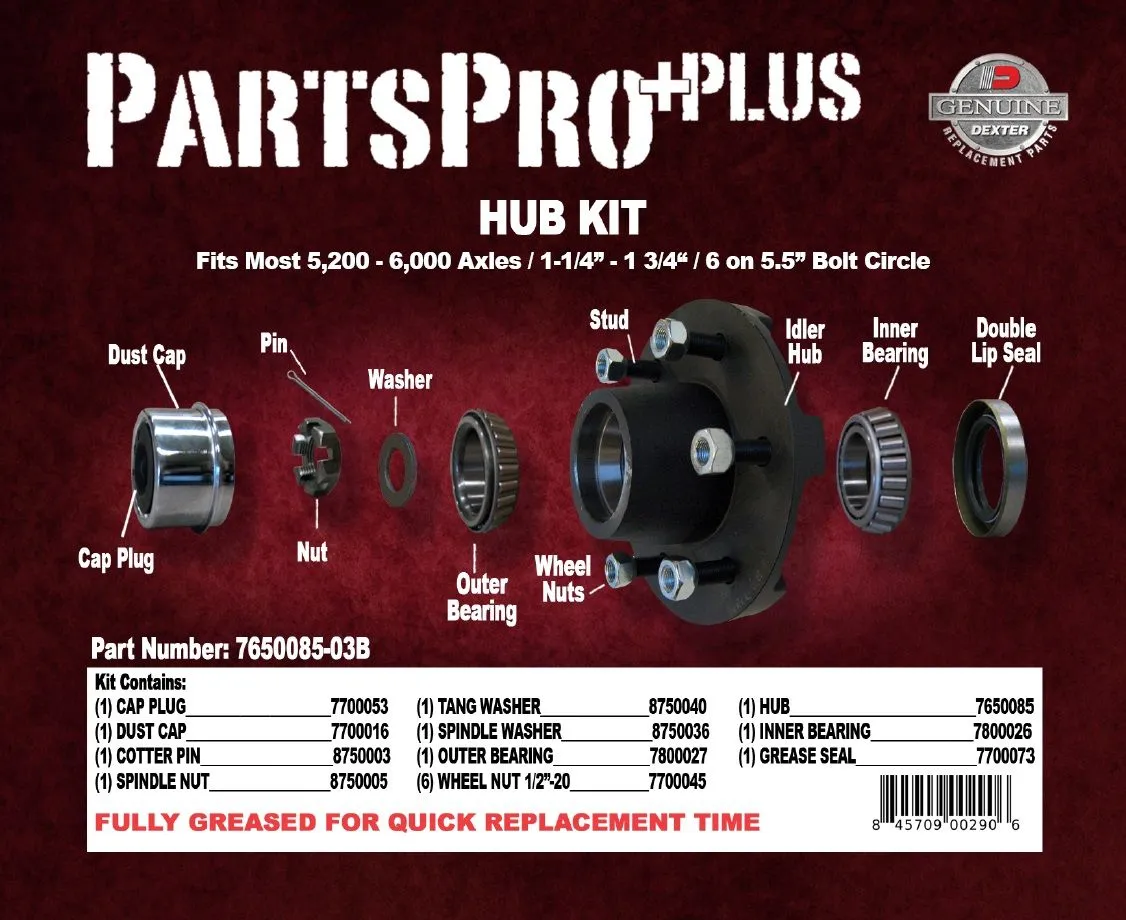 Pregreased Hub Kit for 5200 to 6000 Lb Axles - 6 on 5.5 - 25580 Inner / Outer 15123 Bearings
