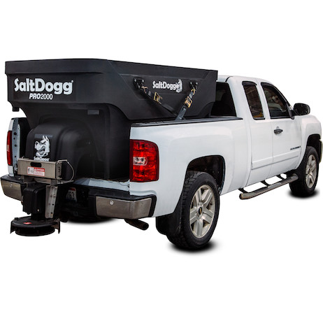 Buyers Products SaltDogg PRO2000 2.0 cu yd electric poly hopper spreader mounted on truck bed — call 414-762-7950 for best MAP price at Hanna RV