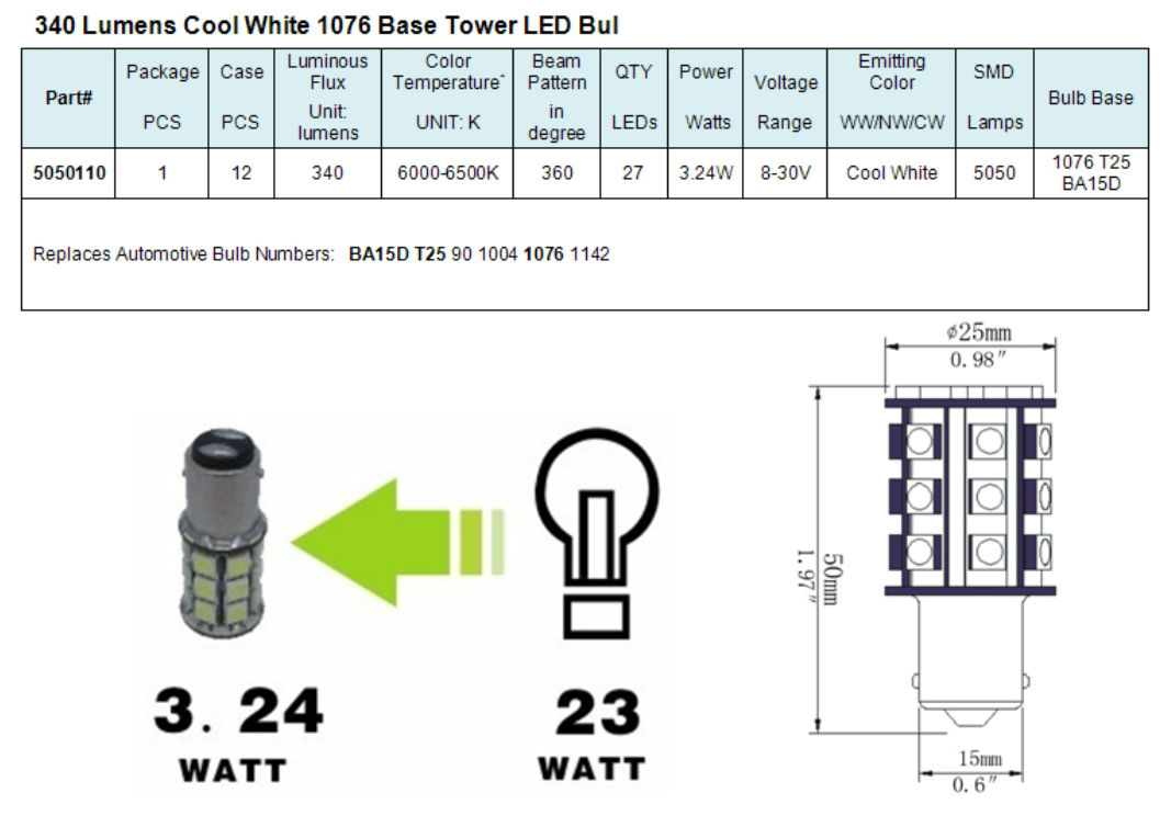 Green LongLife 5050110 1076, 1142, BA15D Base Tower LED Bulb - Cool White - 3.24 Watts - 8-30 Volts Product Data Chart