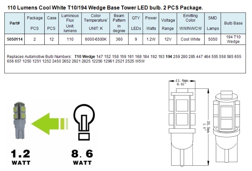 Green LongLife 5050114 T10 Wedge Base Tower RV LED Light Bulb - Cool White - 1.2 Watts - 12 Volts Product Data Chart