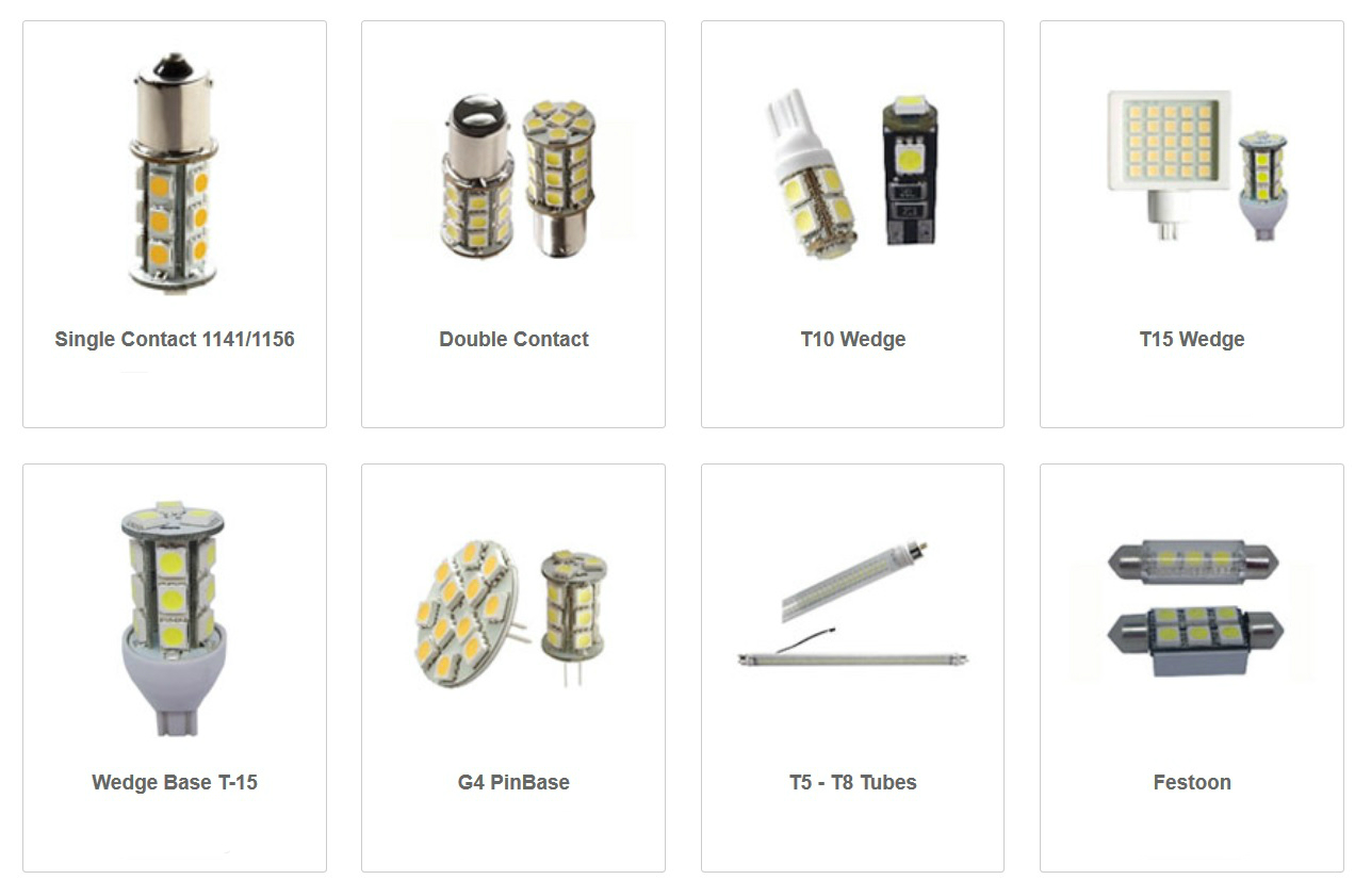 RV LED Light Socket Base Type Chart - 1141/1156, Double Contact, T10 Wedge, T15 Wedge, Wdge Base T-15, G4 Pin Base, T5 - T8 Tubes and Festoon