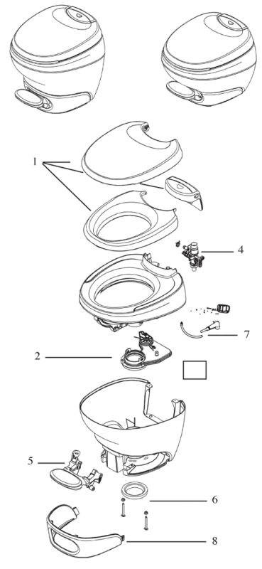 Thetford Aqua Magic Bravura RV Toilet High And Low Profile Replacement Parts Diagram