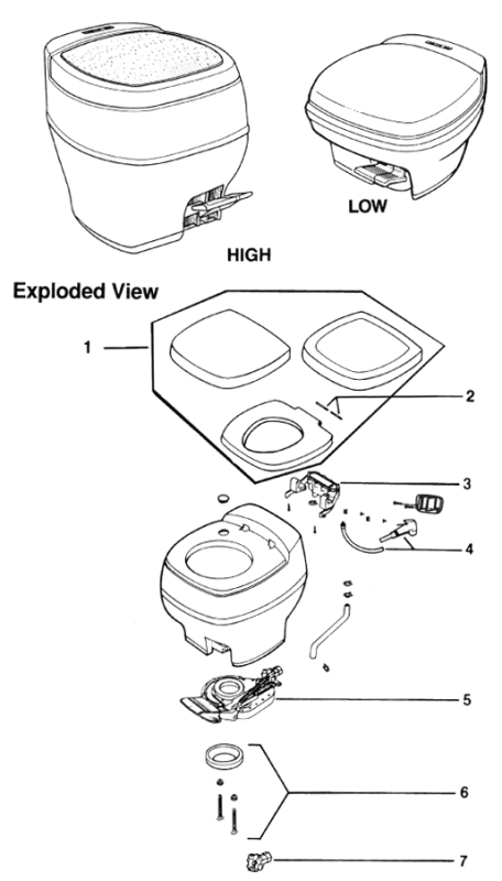 Thetford Aqua Magic Starlite and Galaxy RV Toilet Repair Parts Diagram
