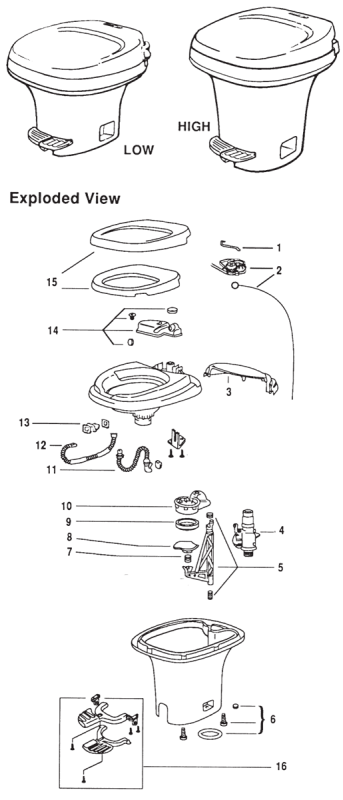 Thetford Aqua Magic IV Foot Flush RV Toilet Repair Parts Diagram