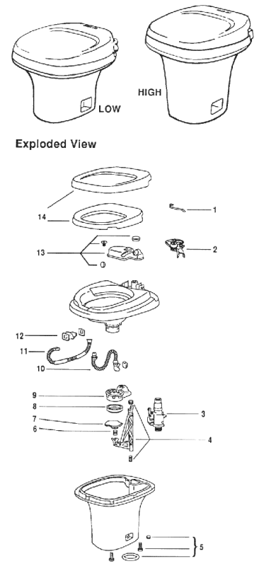 Thetford Aqua Magic IV Hand Flush RV Toilet Repair Parts Diagram