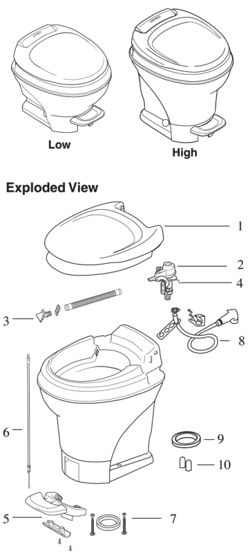 Thetford Aqua Magic V Permanent RV Toilet Low And High Profile Foot Flush Parts Diagram